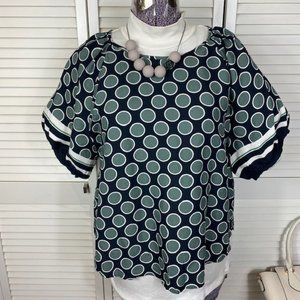 Ann Taylor Polka Dot Short Sleeve Blouse Smocking Large NWT Green Navy Gray